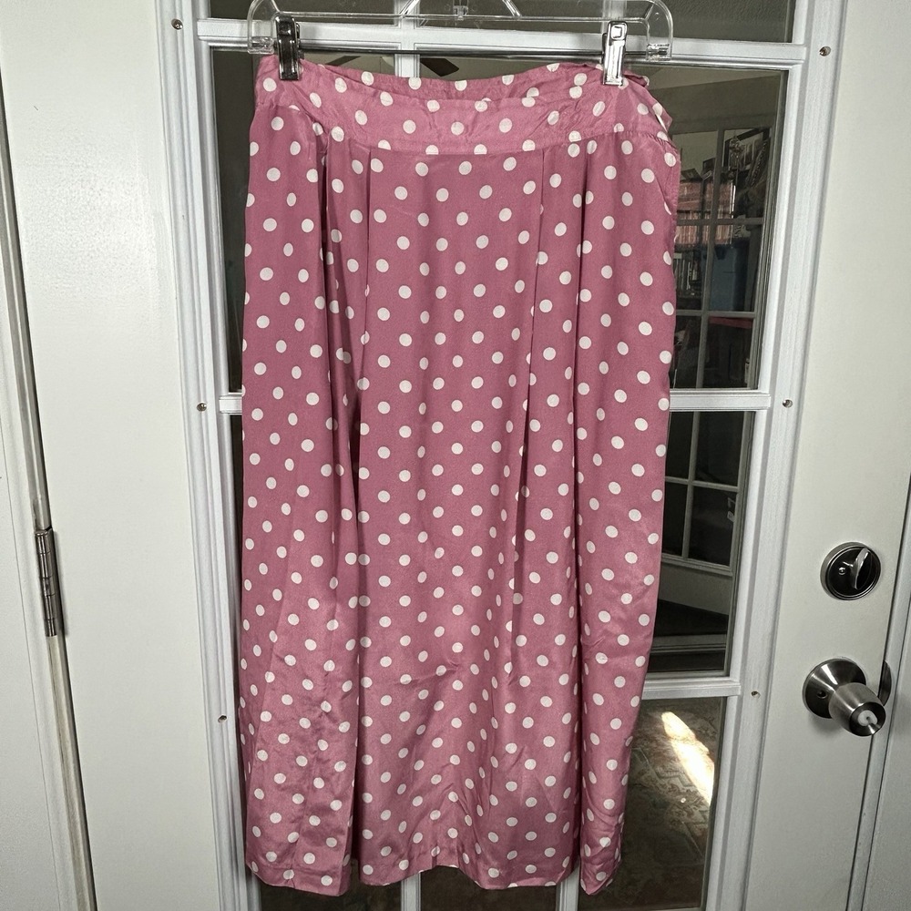 Vintage Career Guild Pink Polka Dot Pleated Midi Skirt A-Line Size 14 80s - Picture 4 of 9